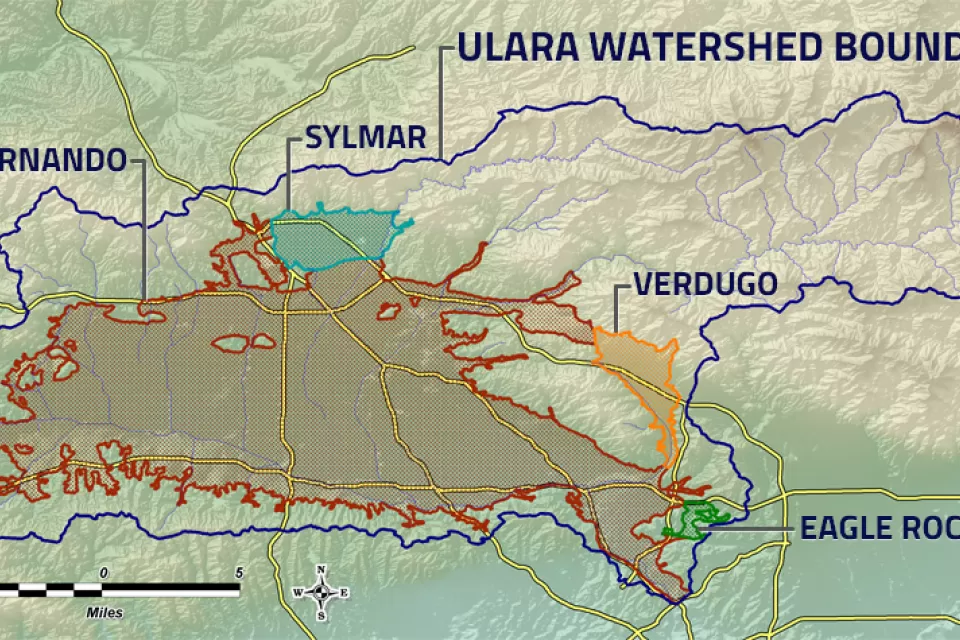A map showing the extent of the San Fernando Valley Groundwater Basin in the northern reach of the city fo Los Angeles, along with a few other, smaller, adjacent groundwater basins.